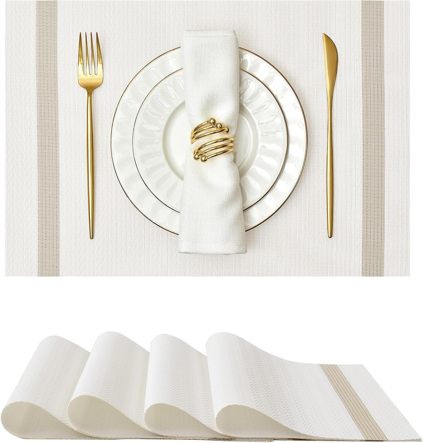 Leetaltree Sparkling White Vinyl Woven Placemats Set of 4 - Washable Dining Table Placemats Striped, Suitable for Wedding, Anniversary, Daily Use - Sparkling Table Decor